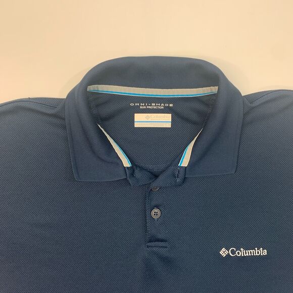 Columbia Polo Shirt Mens L Large Navy Blue Omni Shade Sun Protection Utilizer - Picture 4 of 14